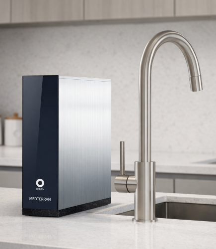 sistema de ósmosis inversa Origen Aqua instalado bajo fregadero para obtener agua purificada y equilibrada