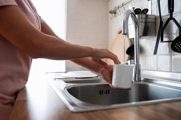 persona llenando vaso con agua del grifo osmotizada para consumo diario
