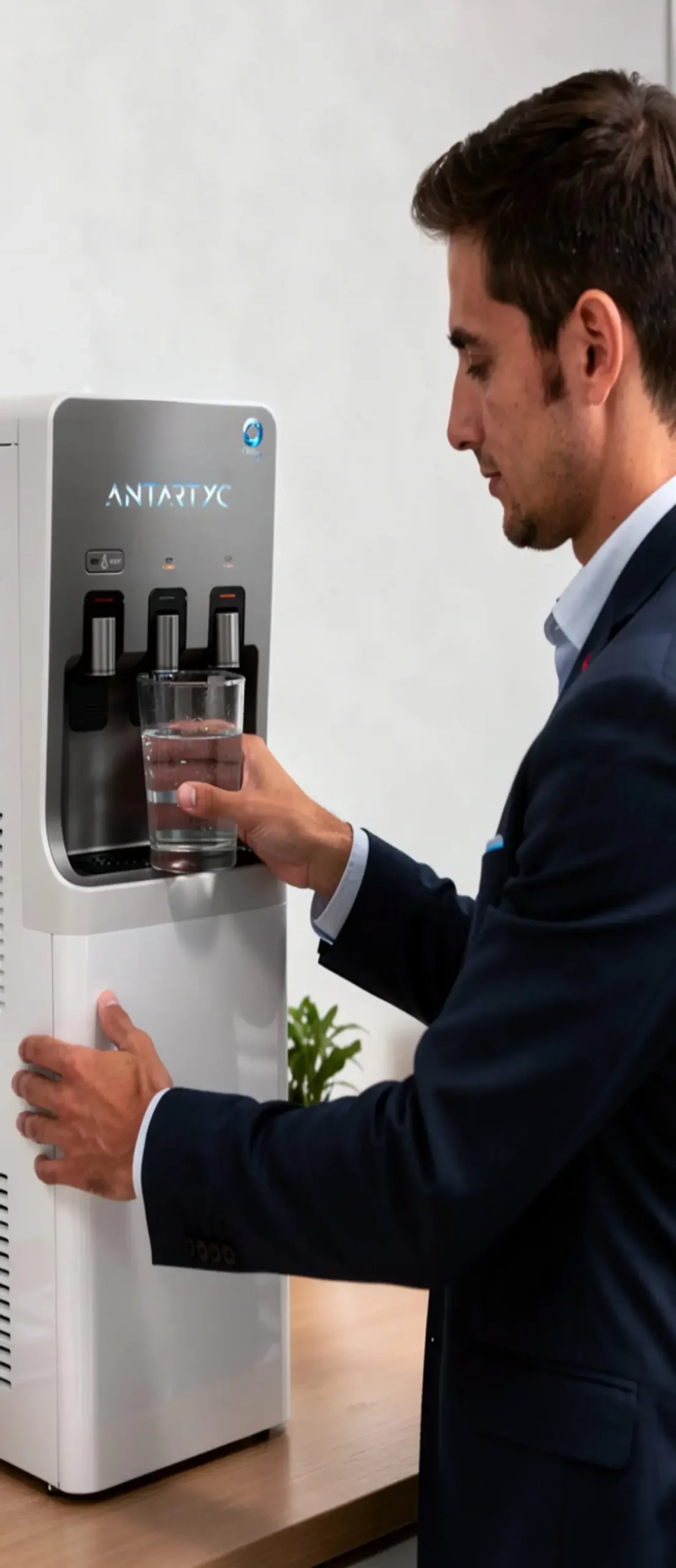 Empleados utilizando un purificador de agua para oficina con ahorro de costes, sostenibilidad y agua filtrada de calidad